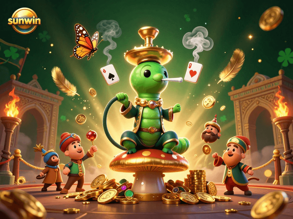 Experience sunwin's thrilling games with a vibrant, detailed 3D illustration showcasing casino excitement and character interaction.