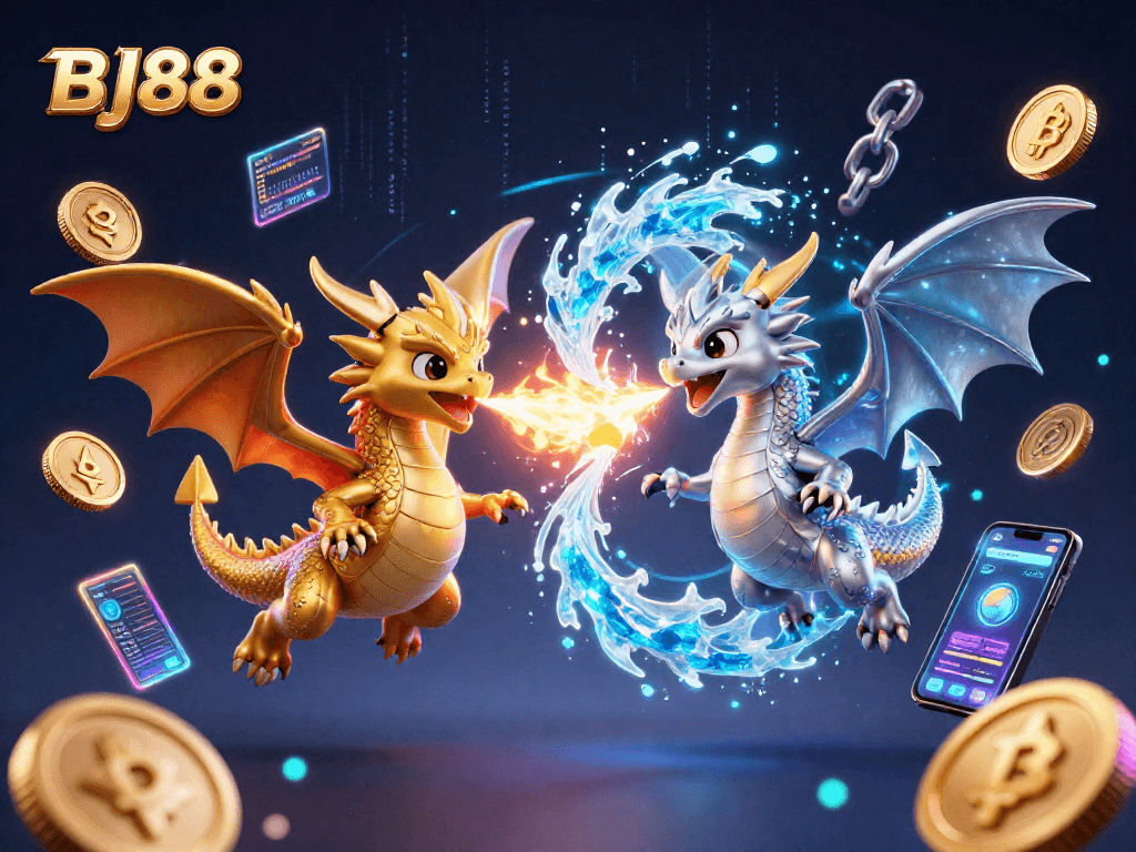 BJ88 offers thrilling gaming experiences featuring magical dragons and cryptocurrency elements in a vivid 3D illustration.