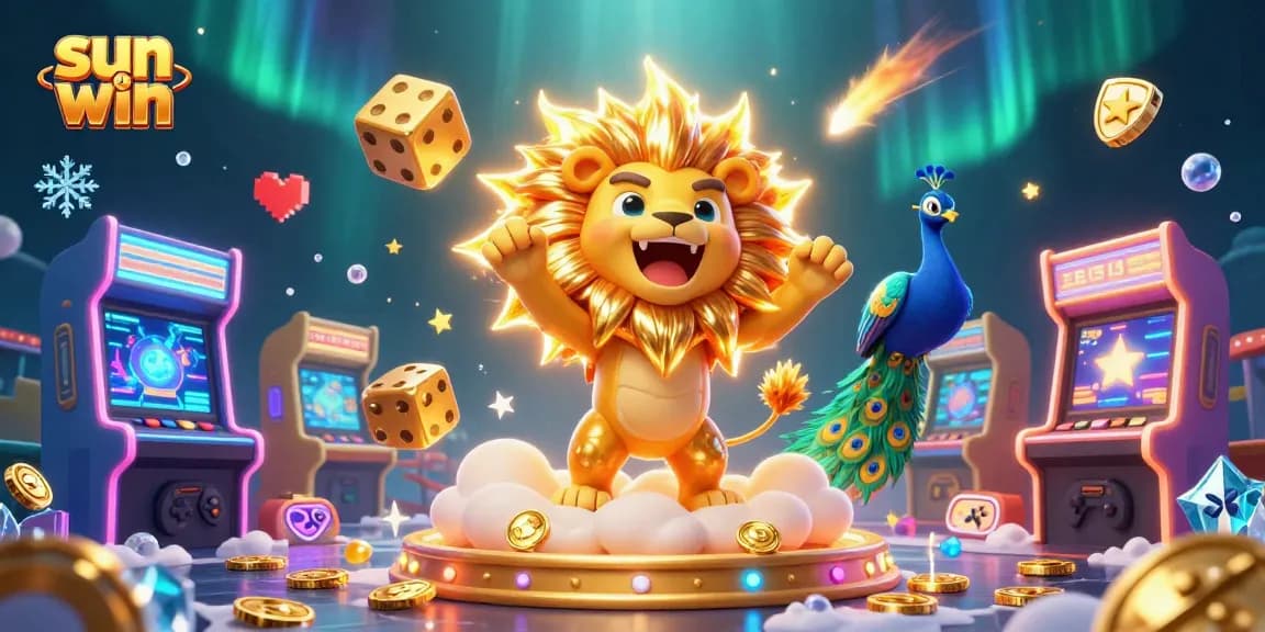 Experience thrilling gameplay at sun win while surrounded by casino-themed 3D illustrations of games and characters.