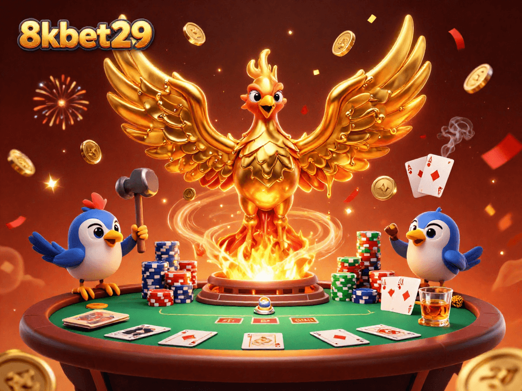 Win big at 8kbet29 with a vibrant casino scene featuring the molten phoenix and poker elements.