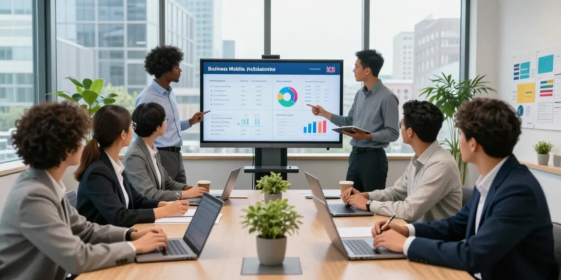 Business professionals collaborating on business mobile providers UK comparison in a modern office setting.