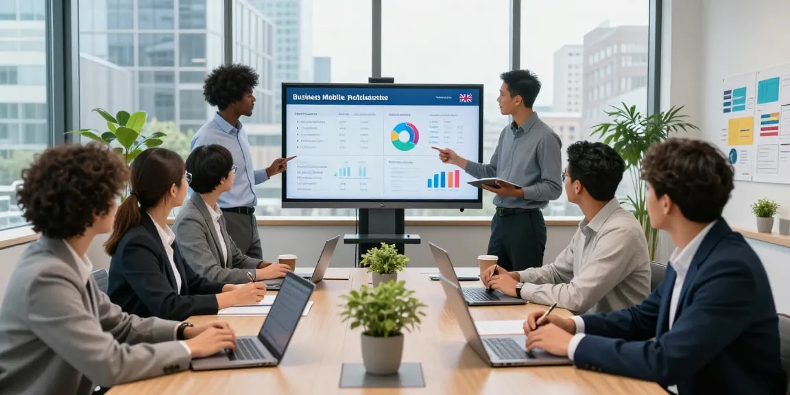 Business professionals collaborating on business mobile providers UK comparison in a modern office setting.