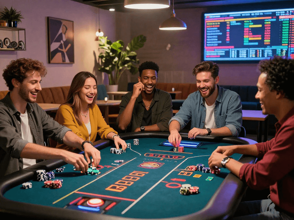 Thrilling crypto casino gaming experience with friends celebrating a win in a stylish urban lounge.