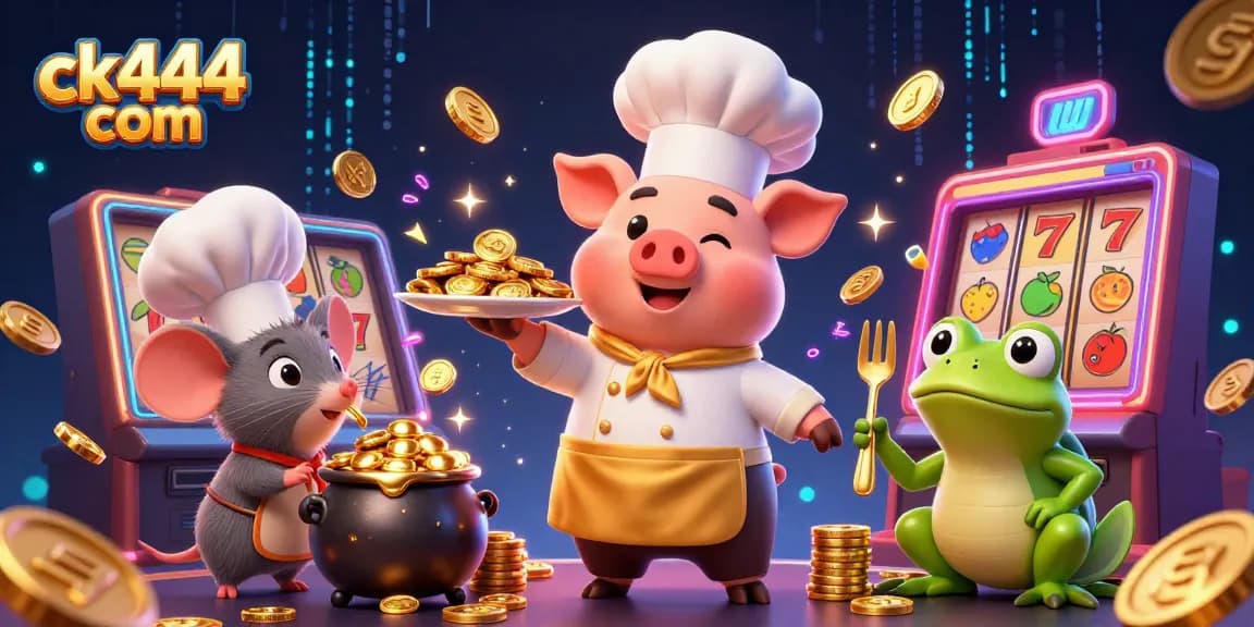 Experience premier gaming at ck444 com with a chef pig serving golden coins in a lively casino scene.