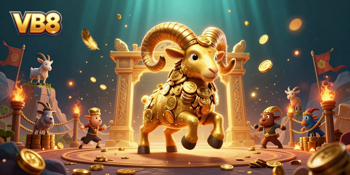 Experience thrilling gaming with VB8, as a golden ram charges through a lavish casino arena, surrounded by swirling gold.