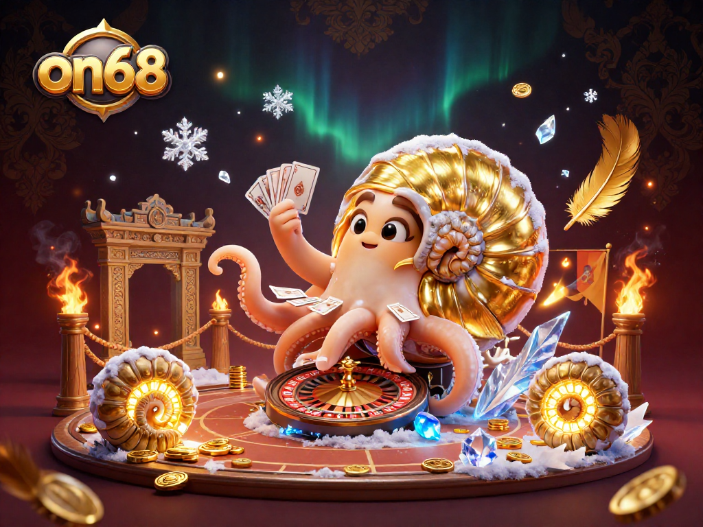 Engage with on68's exciting gaming scene featuring a giant nautilus roulette wheel and glowing ammonite companions.