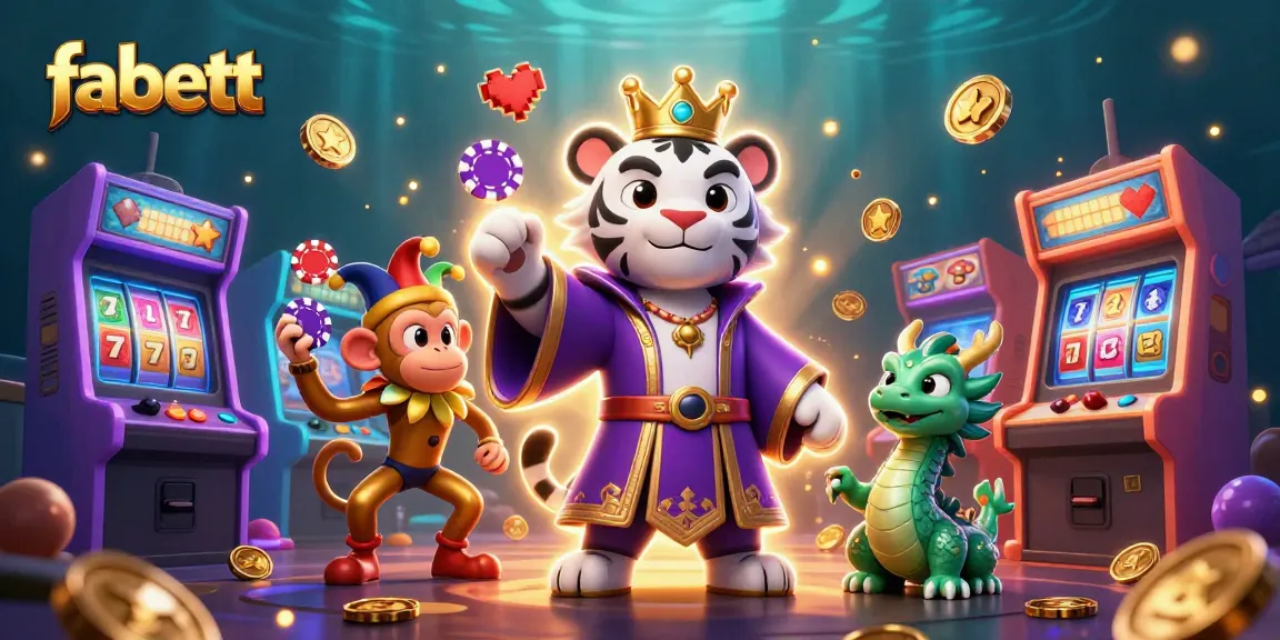 Engage with fabett's vibrant casino scene featuring a playful tiger and monkey amid jackpots and colorful game machines.