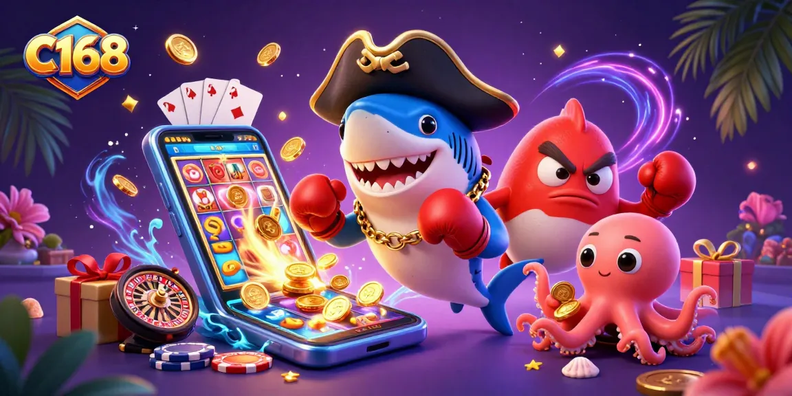 C168 online casino features a shark, a pufferfish, and an octopus amidst vibrant casino elements.