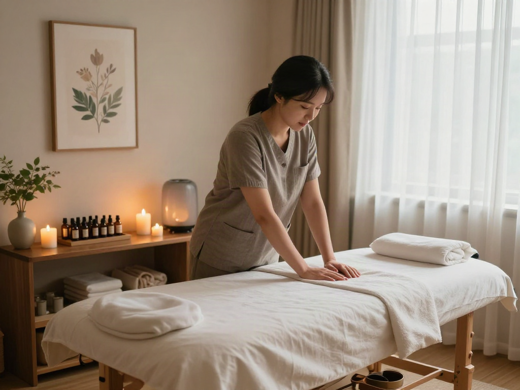 Serene massage therapy room prepared for a 분당출장마사지 session with soothing decor and ambient lighting.
