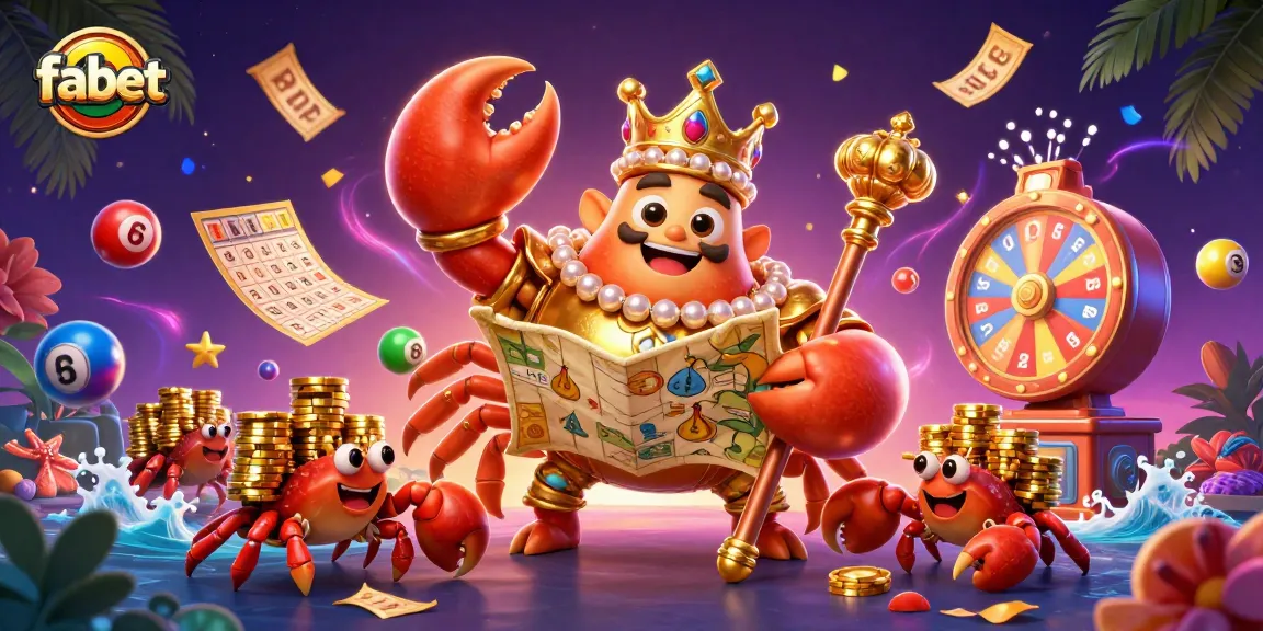 Engage in the thrilling world of fabet with our vibrant casino scene featuring a golden crab emperor and lively game elements!