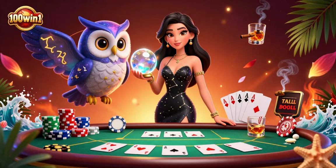 Play thrilling games with 100win1, as a stunning woman and mystical owl elevate casino excitement.