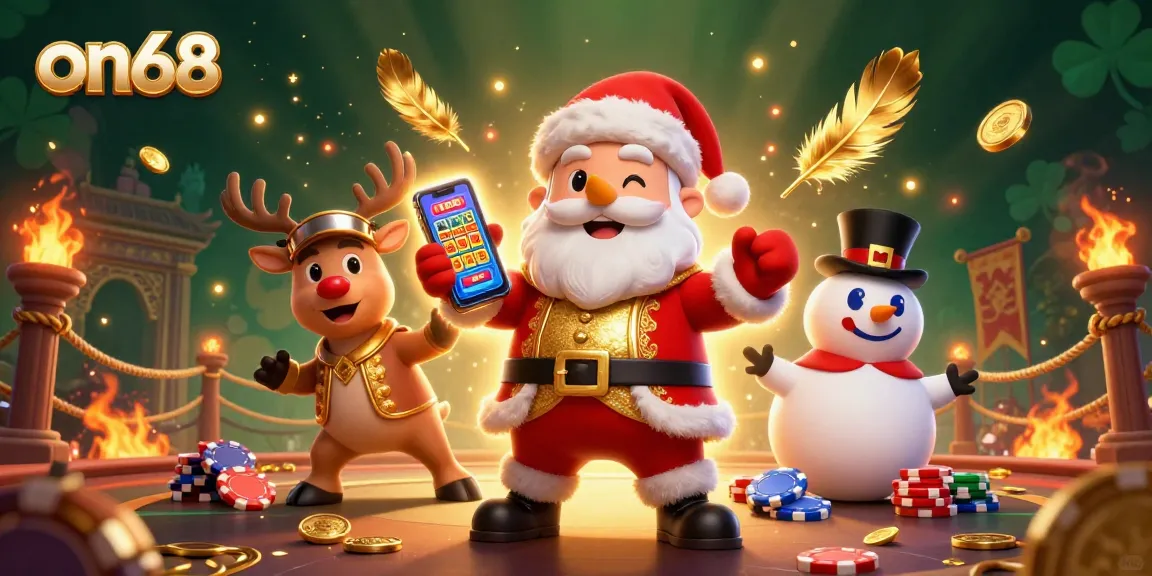 Experience jackpot wins on68 with Santa Claus and casino-themed characters in this vibrant 3D illustration.