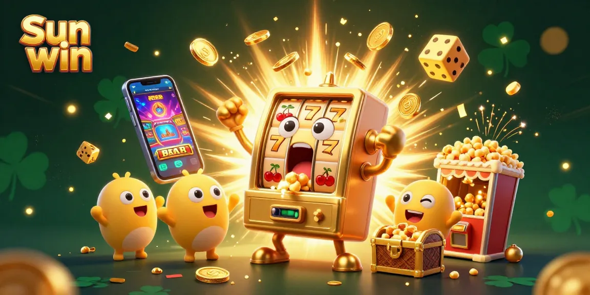 Experience the thrill of Sun win as a golden slot machine celebrates a jackpot with coins flowing, surrounded by cheering baby machines.