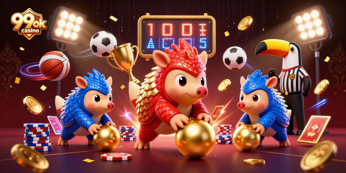 Play at 99ok casino, where rival pangolins compete amid golden chips and sports elements.