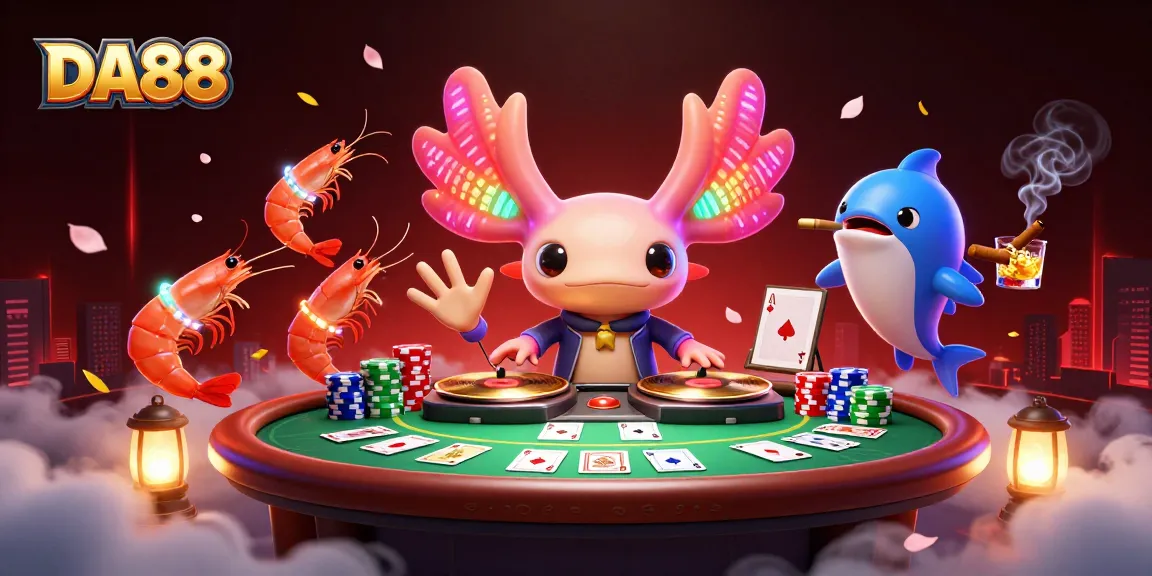 DA88 showcases an energetic casino scene with an axolotl DJ and vibrant poker elements.