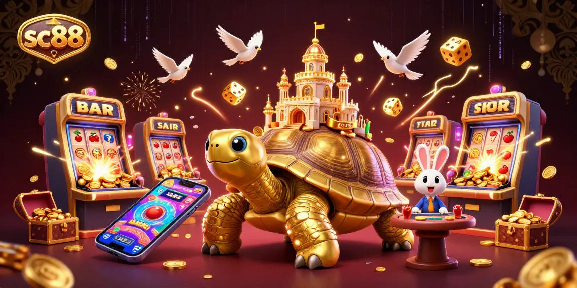 Engage with sc88 as dynamic symbols and casino elements burst around a golden tortoise illustration.