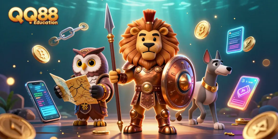 Experience the thrill of QQ88 Education with dazzling casino characters and crypto elements.