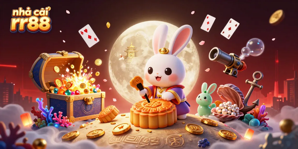 Win big at nhà cái rr88 with a lively 3D casino illustration showcasing a magical moon rabbit theme.