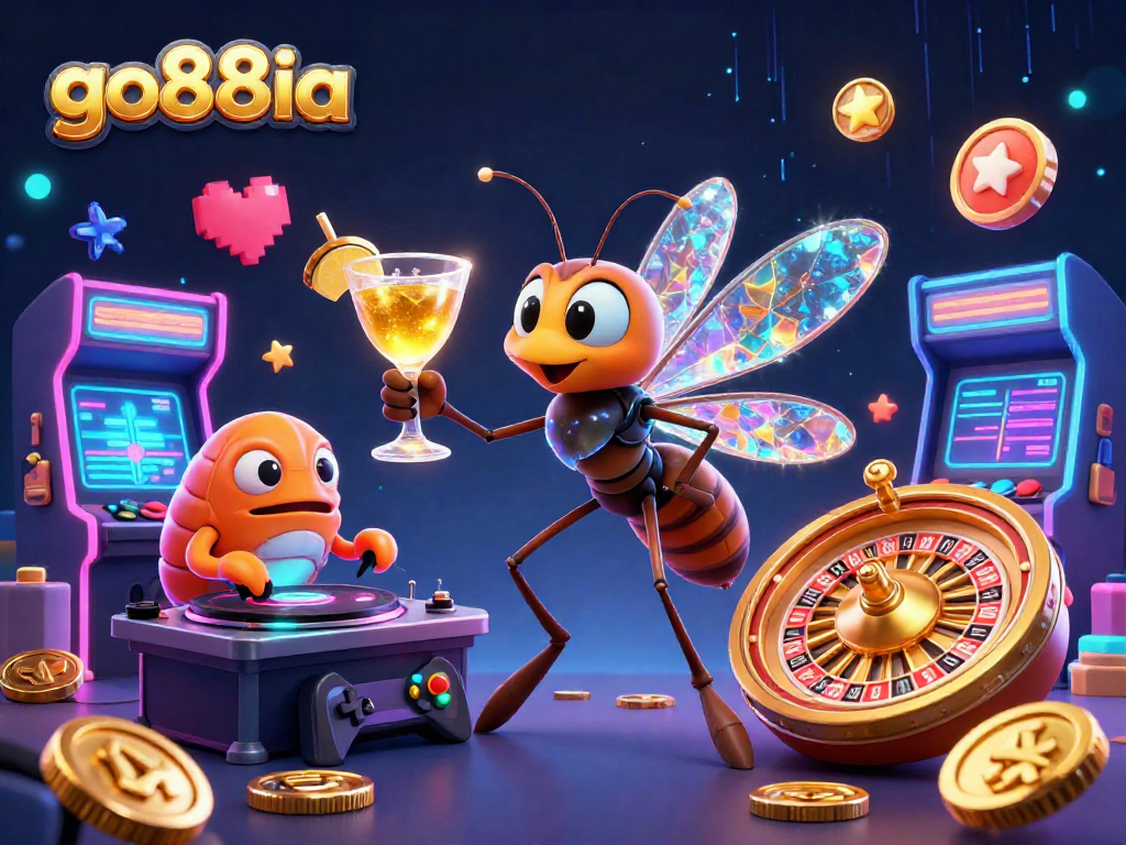 Experience go88ia's dynamic gaming scene featuring a cartoon mosquito casino mascot with a golden cocktail.