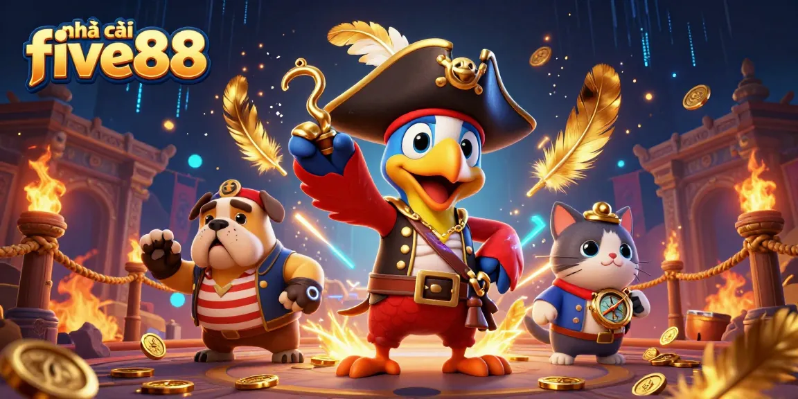 nhà cái five88 offers exciting gambling with interactive characters and vibrant casino elements in a dynamic pirate scene.