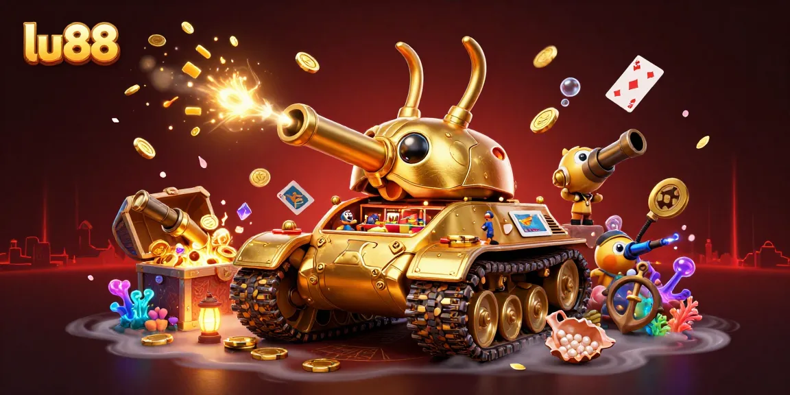 Win exciting prizes at lu88 with this vibrant 3D casino scene featuring an animated golden beetle tank!