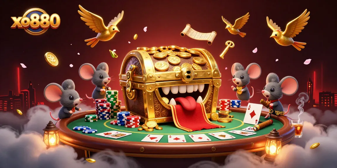 Engage with xo880 as adventurer mice discover a treasure chest amidst vibrant casino elements.