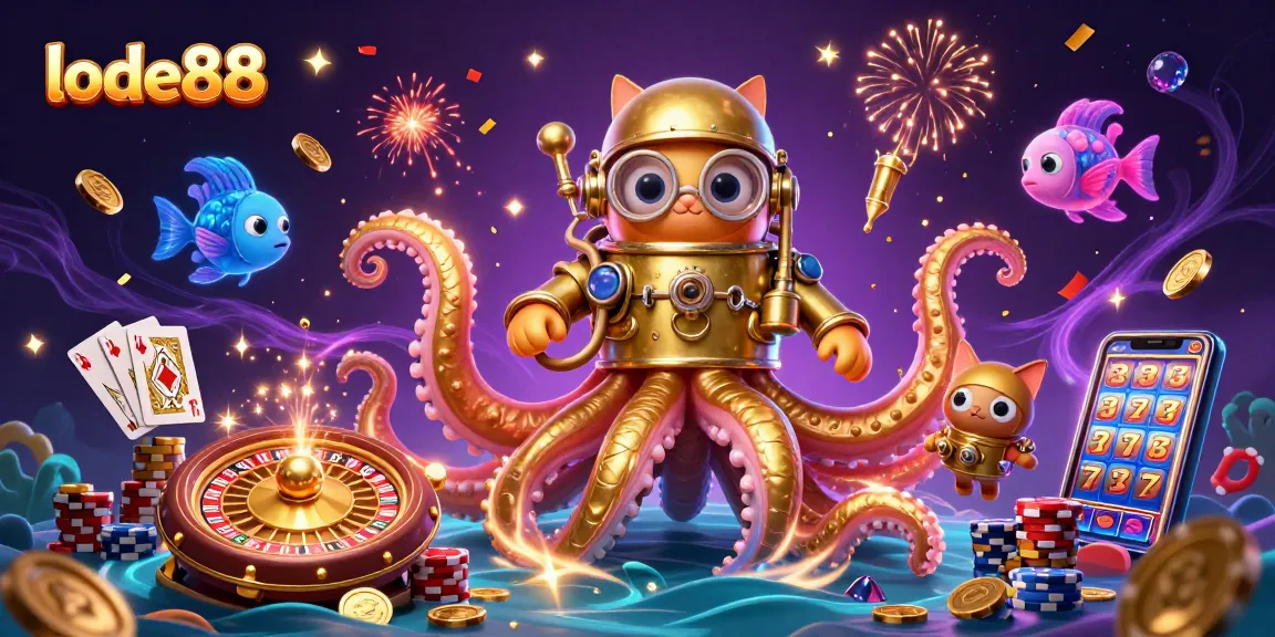 Experience thrilling wins at lode88 with a dynamic casino scene featuring kraken, diving cat, and bling!