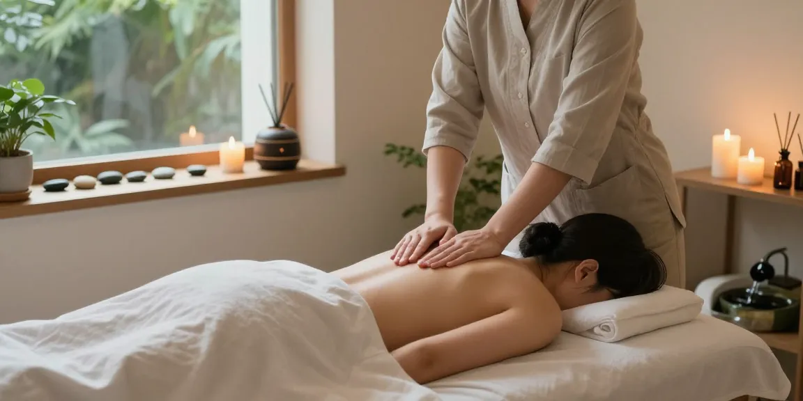 Relaxing 김포출장안마 massage therapy scene with therapist and tranquil setting.