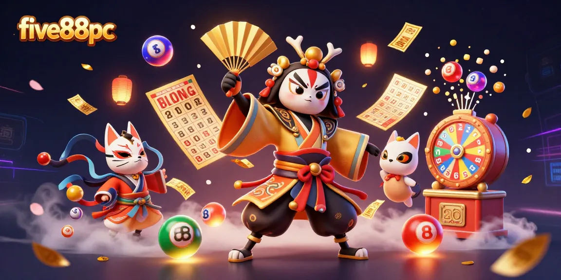 Experience the thrill of five88pc with colorful lottery elements and characters in a dynamic casino scene.
