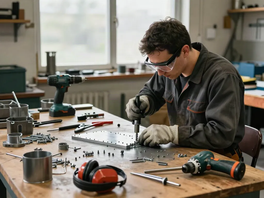 Tecnico industriale che utilizza strumenti di rivettatura in un laboratorio attivo e luminoso.