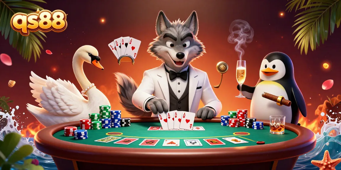 Experience thrilling gameplay at qs88 with a debonair wolf casino scene, showcasing vibrant poker dynamics.