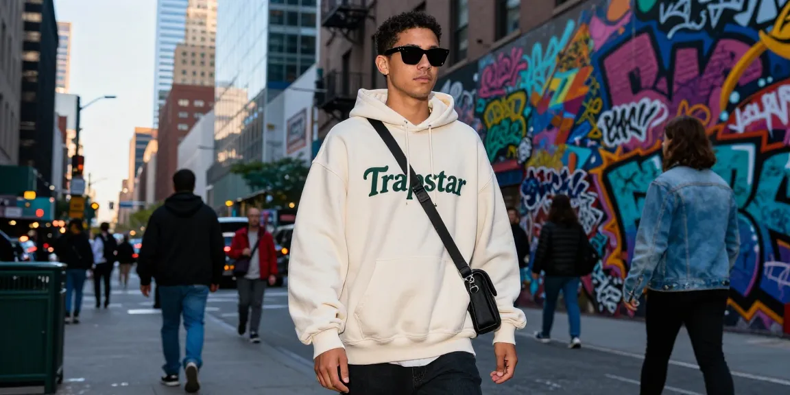 Felpa trapstar indossata in un ambiente urbano con arte graffiti.