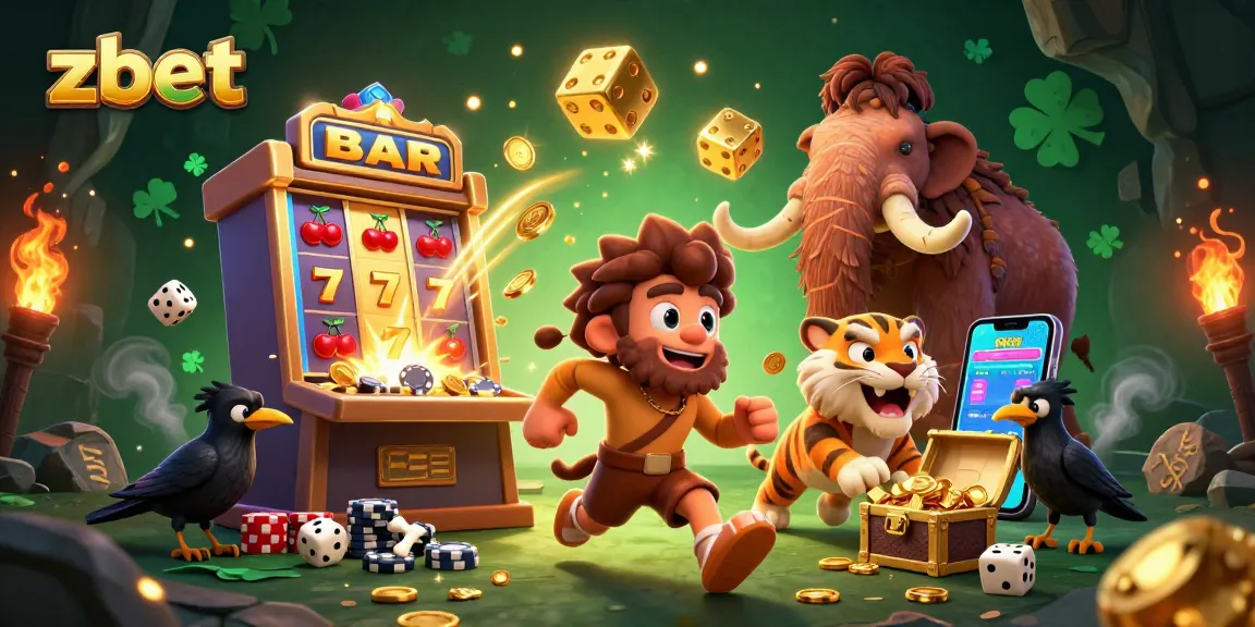 Experience thrilling gameplay at zbet with a dynamic prehistoric casino scene featuring engaging characters and vivid slots.