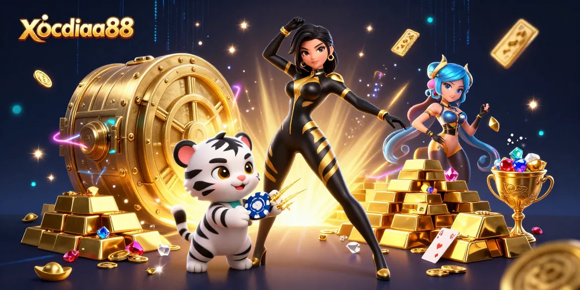 Xocdia88 casino illustration featuring a stunning woman and baby tiger playing gaming chips.