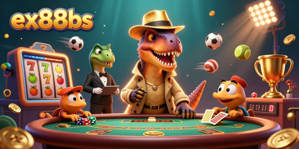 ex88bs showcases a cartoon velociraptor at a blackjack table surrounded by slot reels, enhancing casino excitement.