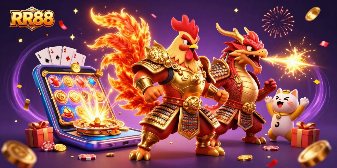 Experience high-energy gaming action with RR88's vibrant 3D fighting rooster and dragon illustration.