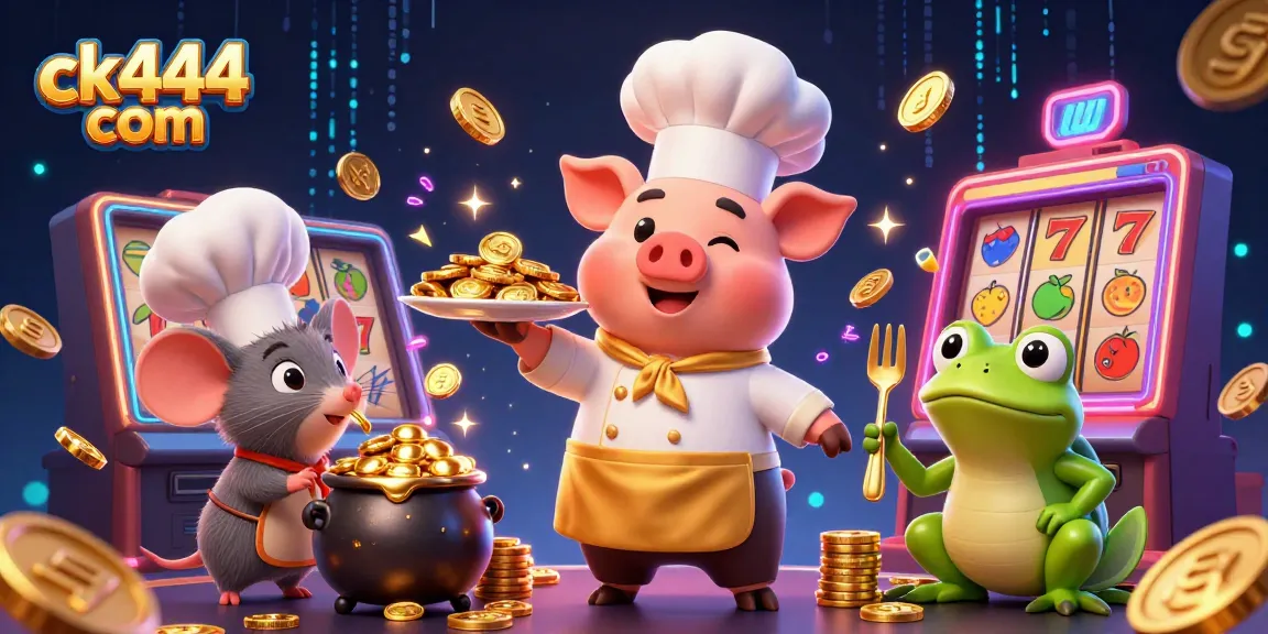 Experience premier gaming at ck444 com with a chef pig serving golden coins in a lively casino scene.