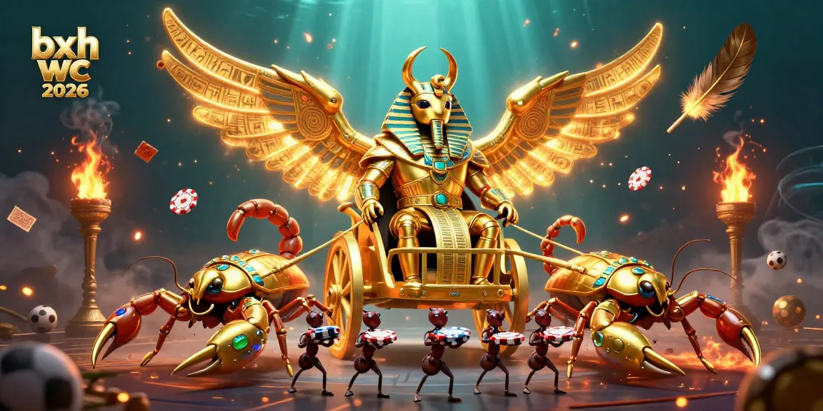 Engage with bxh wc 2026 featuring a colossal golden scarab beetle and sports elements in this vibrant illustration.