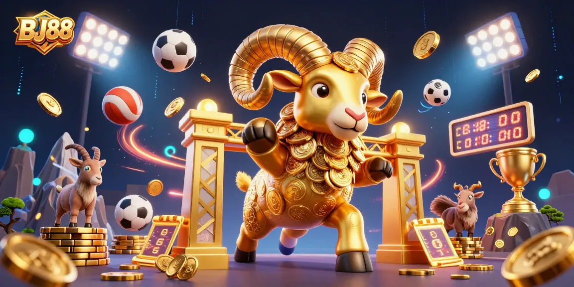 Experience thrilling gameplay at BJ88 with the golden ram charging through a golden gate, capturing the excitement of online gambling.