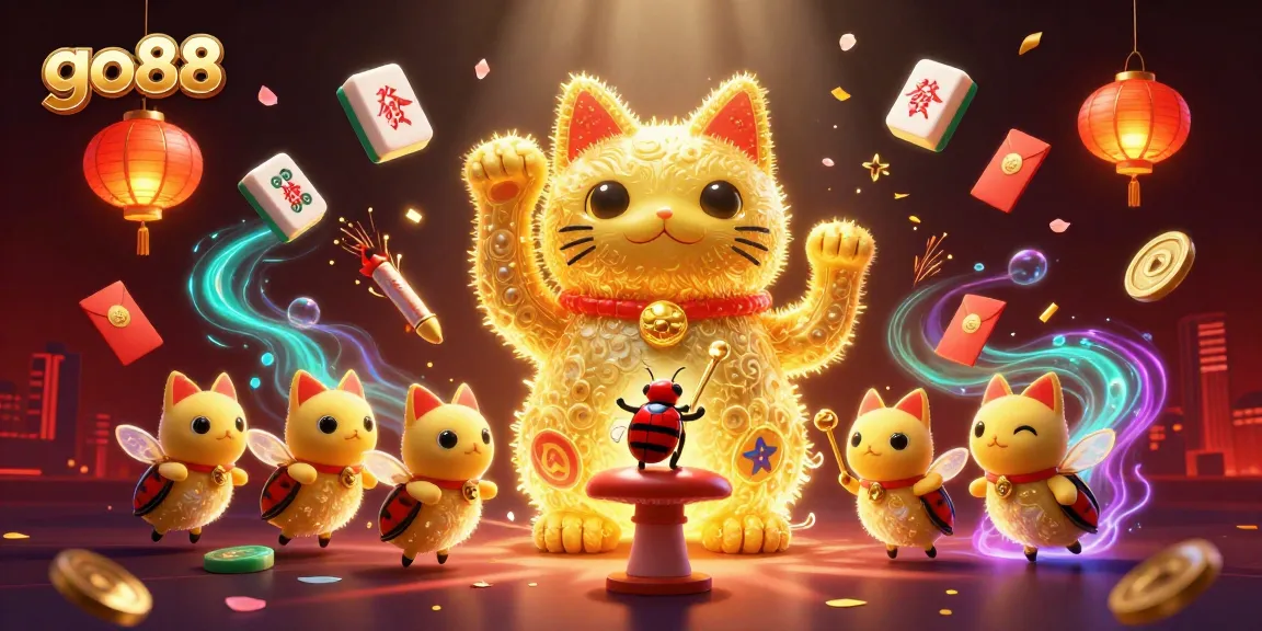 Experience winning moments with go88, showcasing a dynamic lucky cat and casino elements.