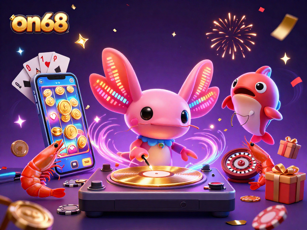 Experience the vibrant on68 gaming scene with colorful characters and dynamic slot game elements.