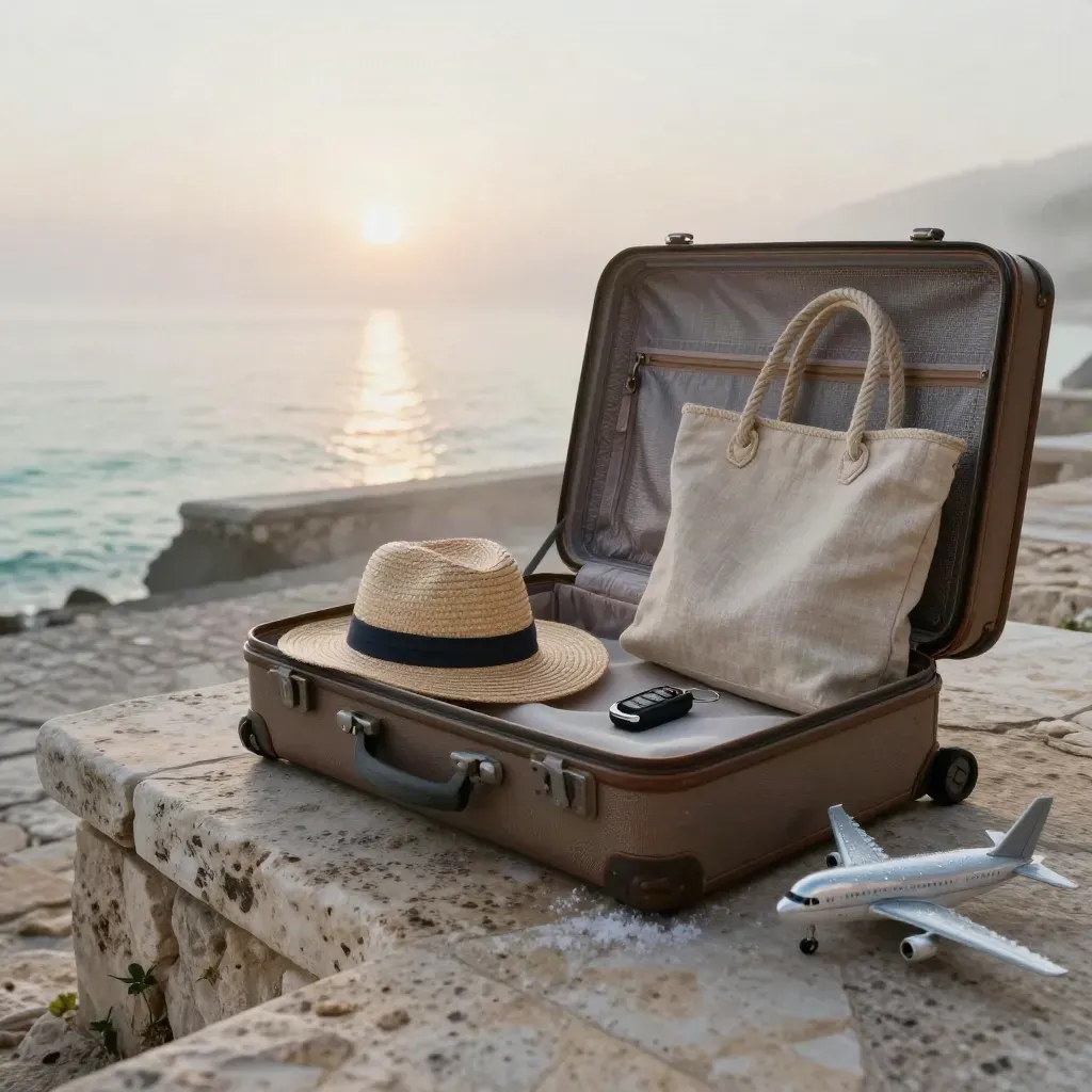Valigia, borsa, cappello e modellino d’aereo su terrazza sul mare all’alba