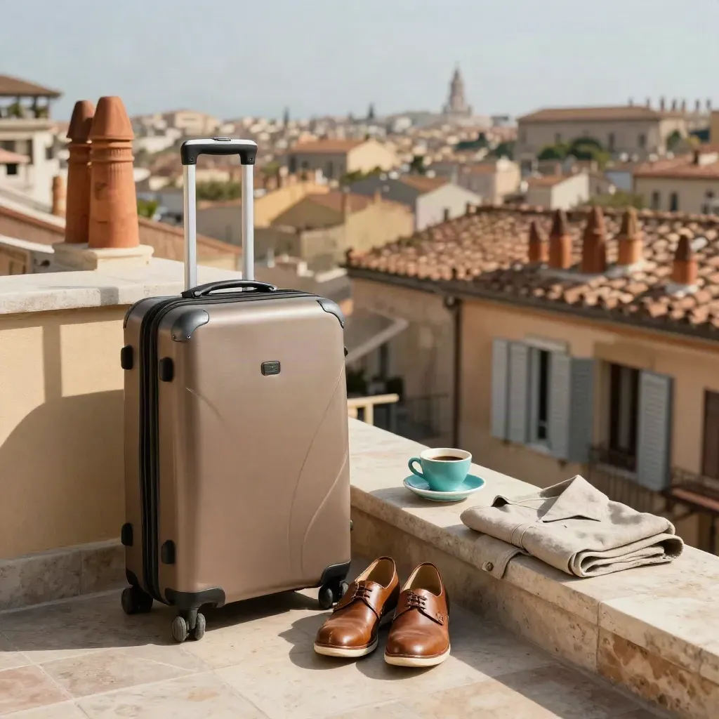 Valigia, scarpe e caffè su un terrazzo storico con skyline al tramonto.