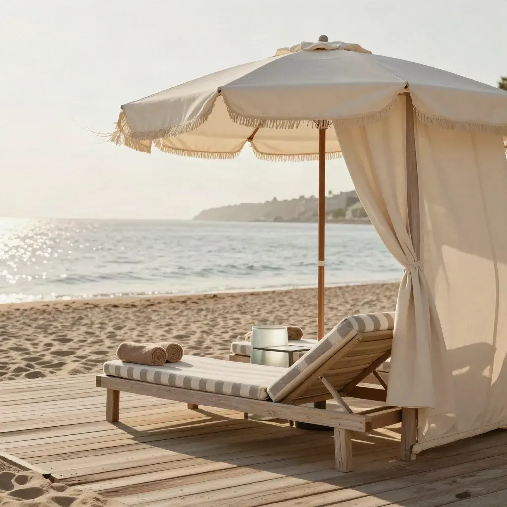 Cabana in spiaggia con due lettini, asciugamani arrotolati e tavolino ombreggiato sul mare calmo.