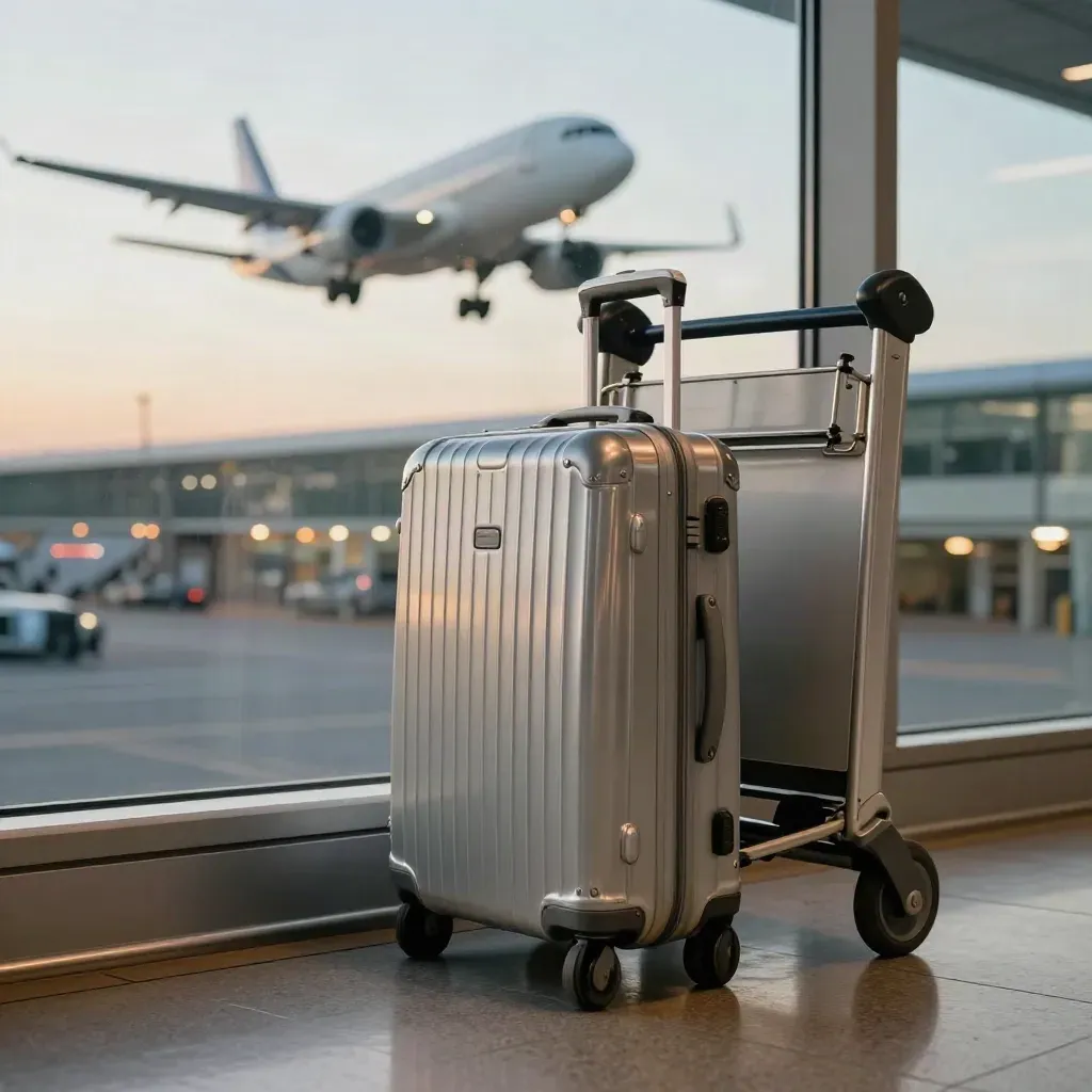 Valigia e carrello in aeroporto, con un aereo che decolla oltre il terminal.