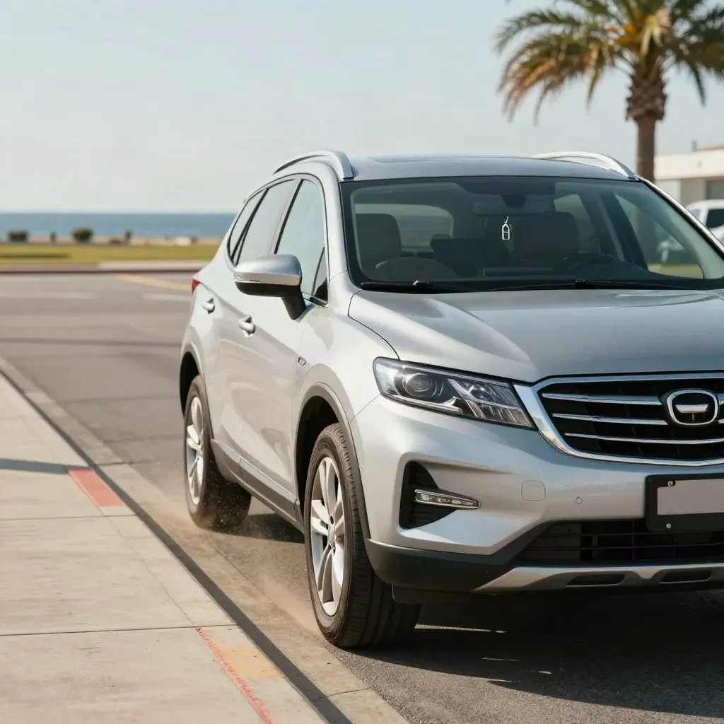 SUV argentato che svolta nel noleggio auto in aeroporto, con polvere, sole e valigia nel retro