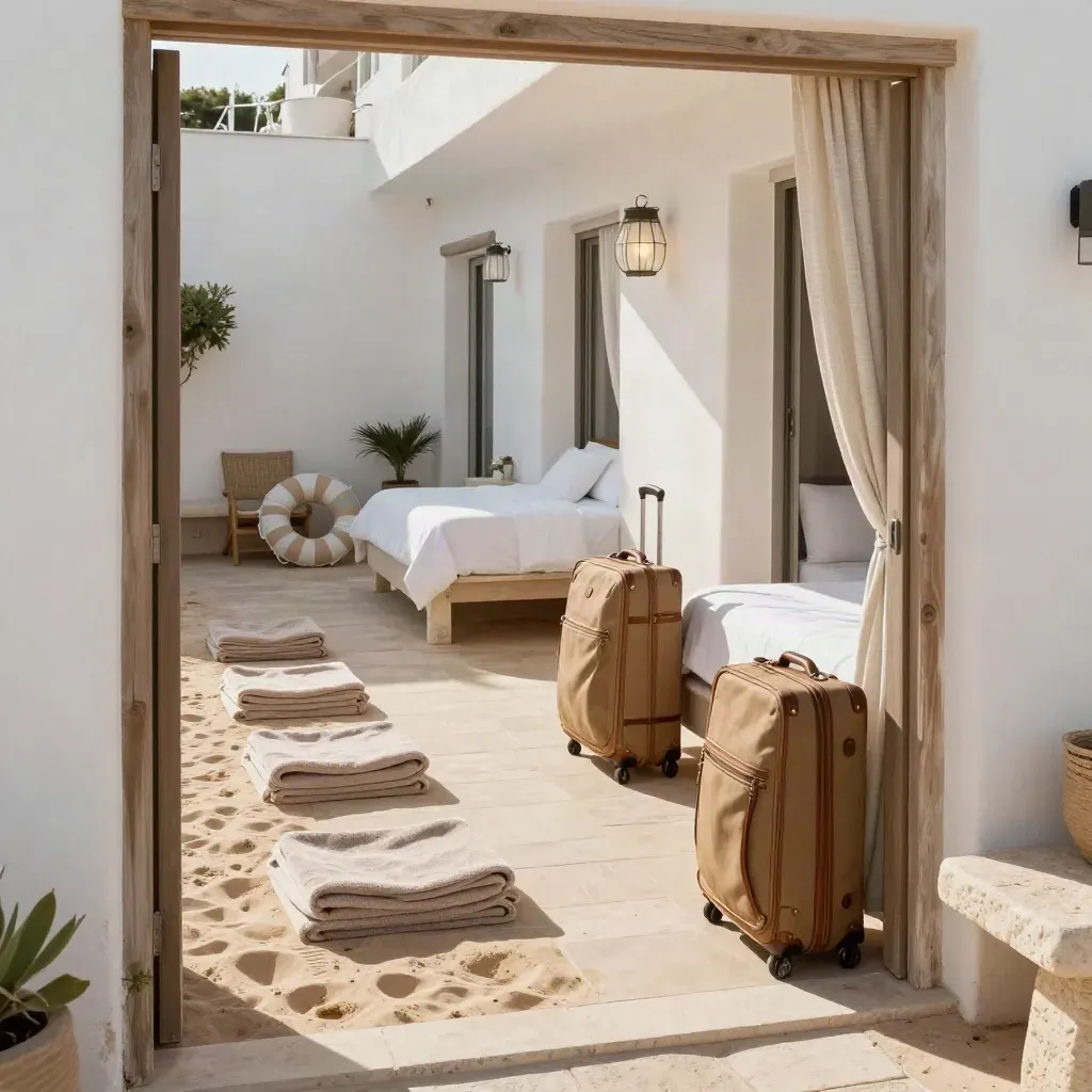 Suite in Puglia pronta per una famiglia, con valigie, asciugamani e salvagente vicino alla piscina
