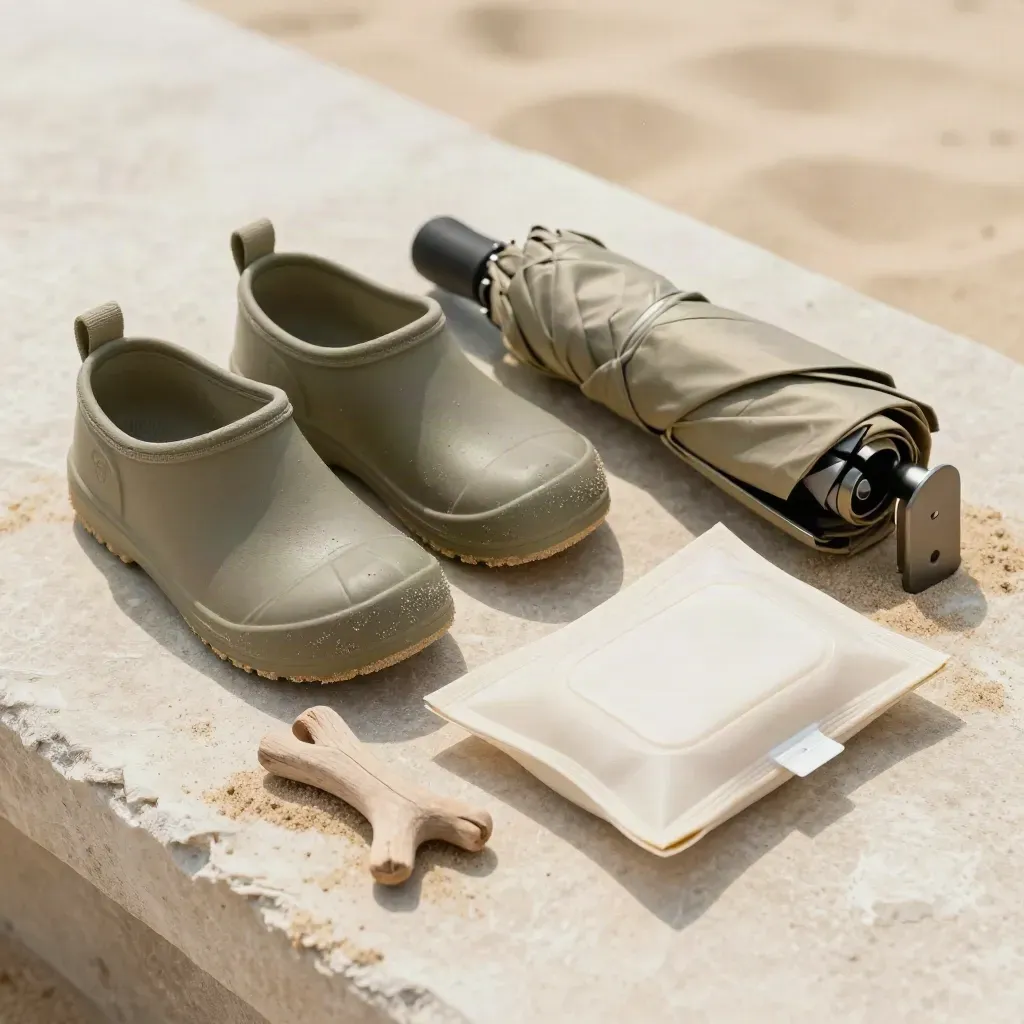 Kit da spiaggia per famiglia con scarpette per bambini, clip per ombrellone e salviette sulla pietra chiara