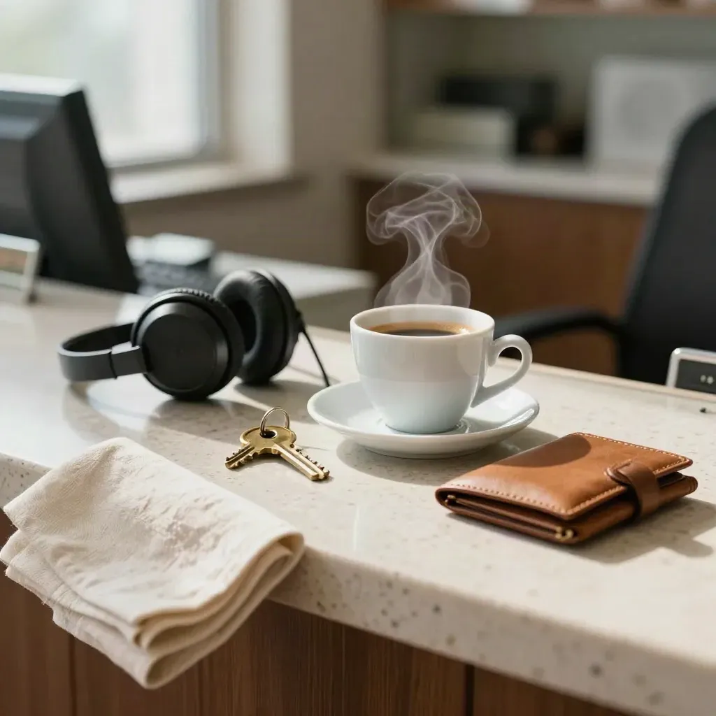 Tazza di caffè, cuffia, chiave in ottone e portadocumenti su banco di agenzia viaggi.