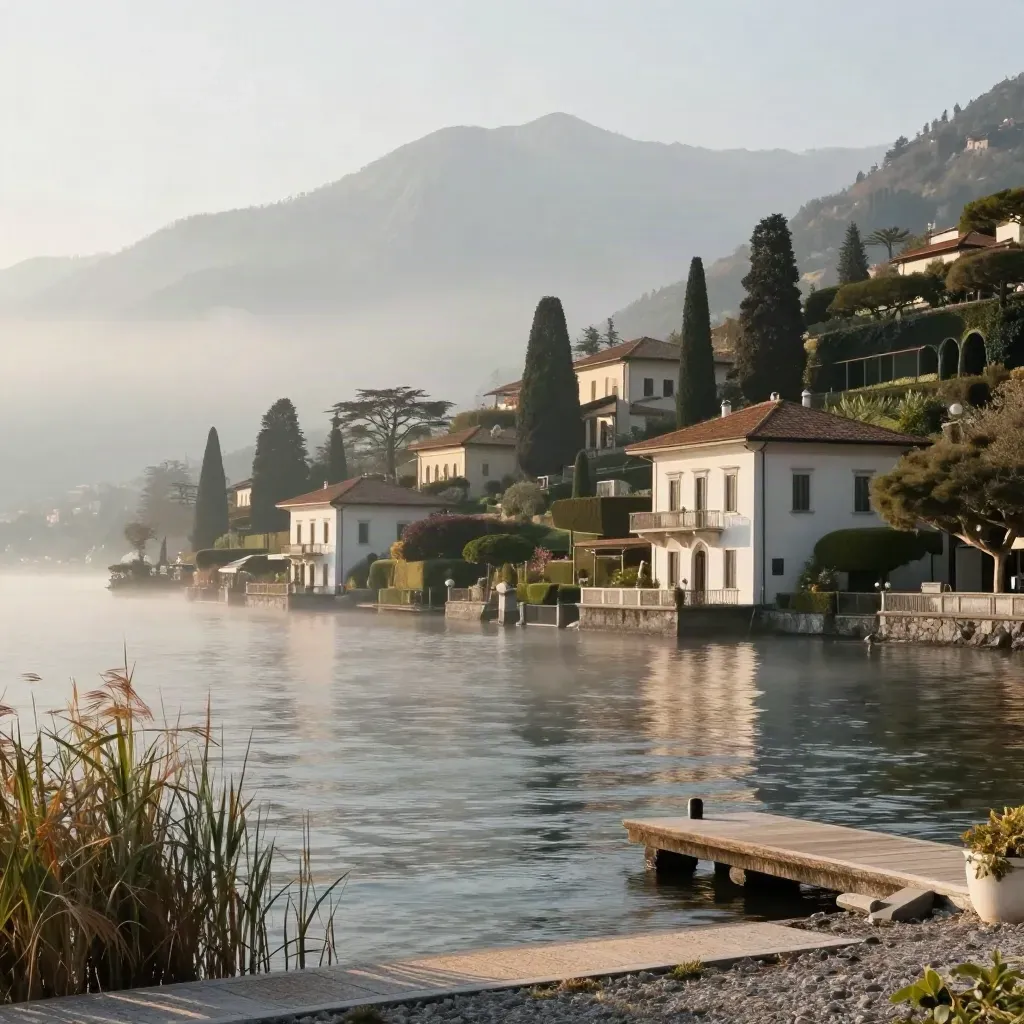 Villa e cipressi sul Lago di Como all’alba, con nebbia e acqua calma.